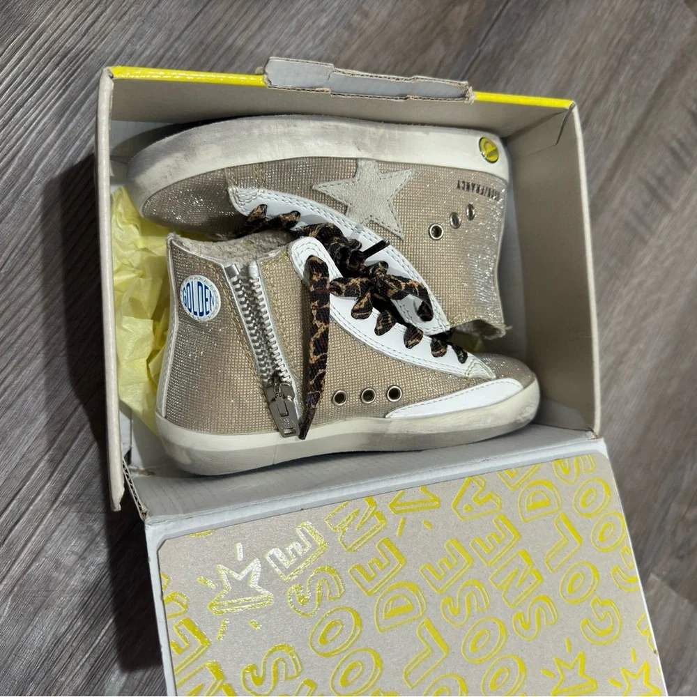 Golden Goose Francy Checkered Glitter Upper Leopard Print Laces High Top Sneaker